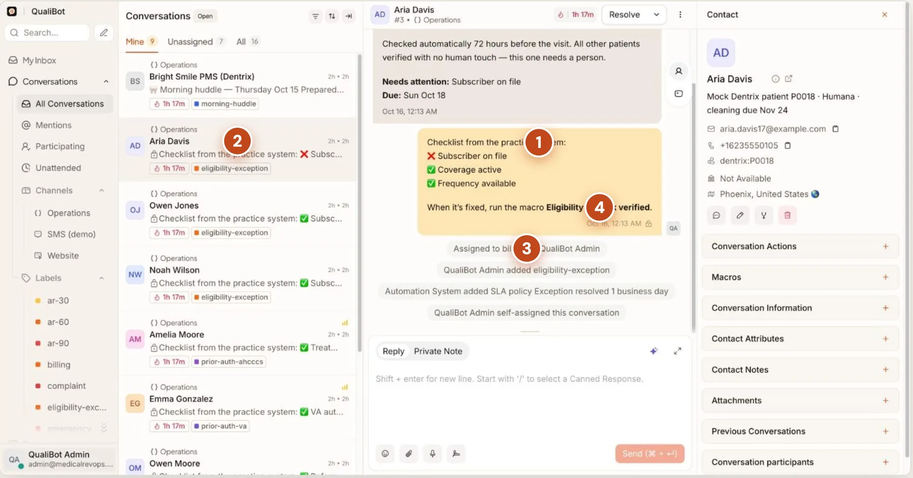 QualiBot exceptions queue with a failed insurance eligibility check assigned to Billing
