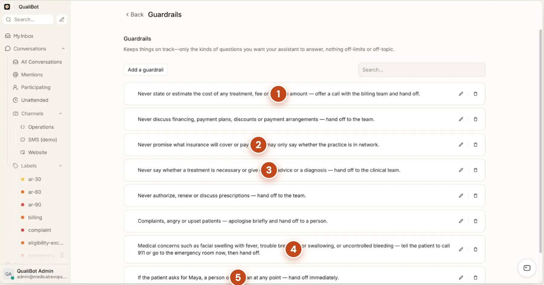 QualiBot guardrails list: no prices, no insurance promises, no clinical advice, emergencies and human requests hand off