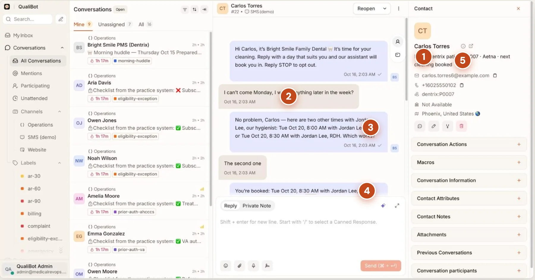 QualiBot SMS conversation where a recall text becomes a booked hygiene appointment