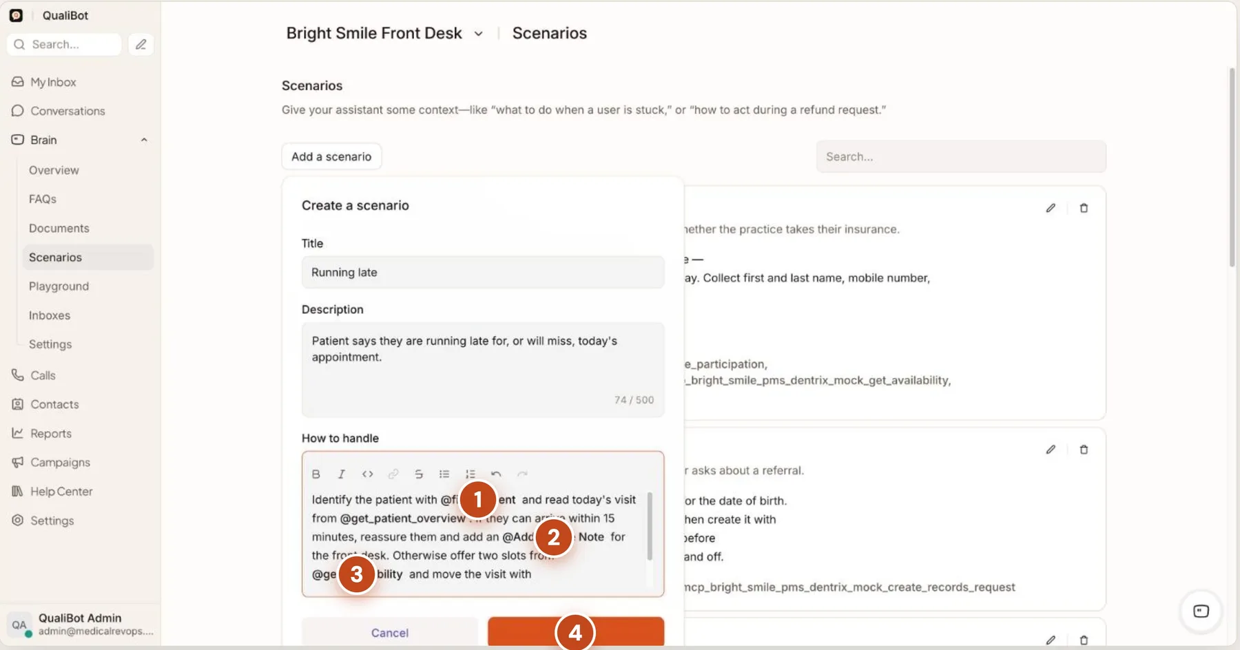 QualiBot scenario editor with a "Running late" scenario written in plain English with @ actions