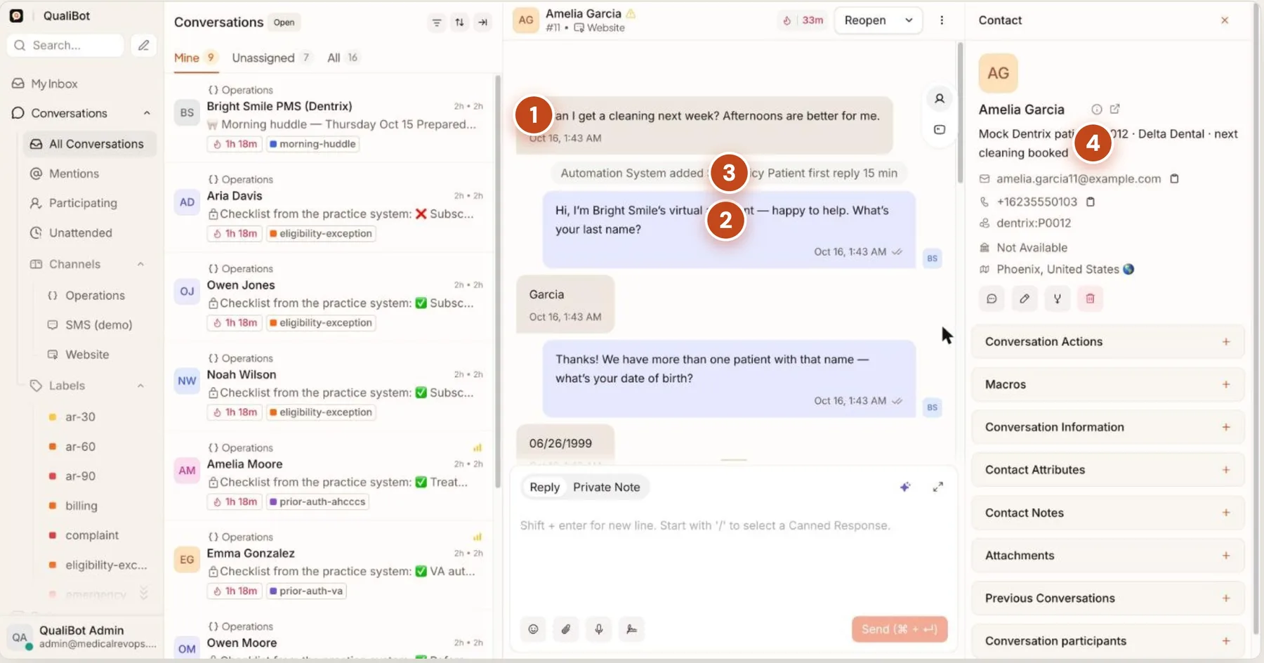 QualiBot shared inbox where the assistant books a dental cleaning from a website chat