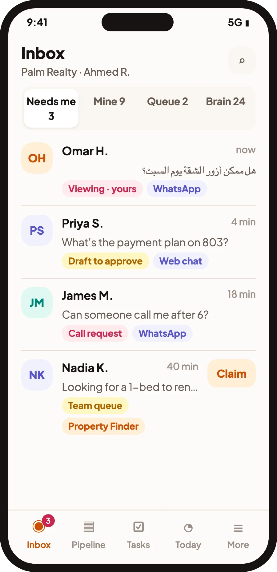 QualiBot mobile inbox with hand-offs, drafts and call requests across WhatsApp and web chat