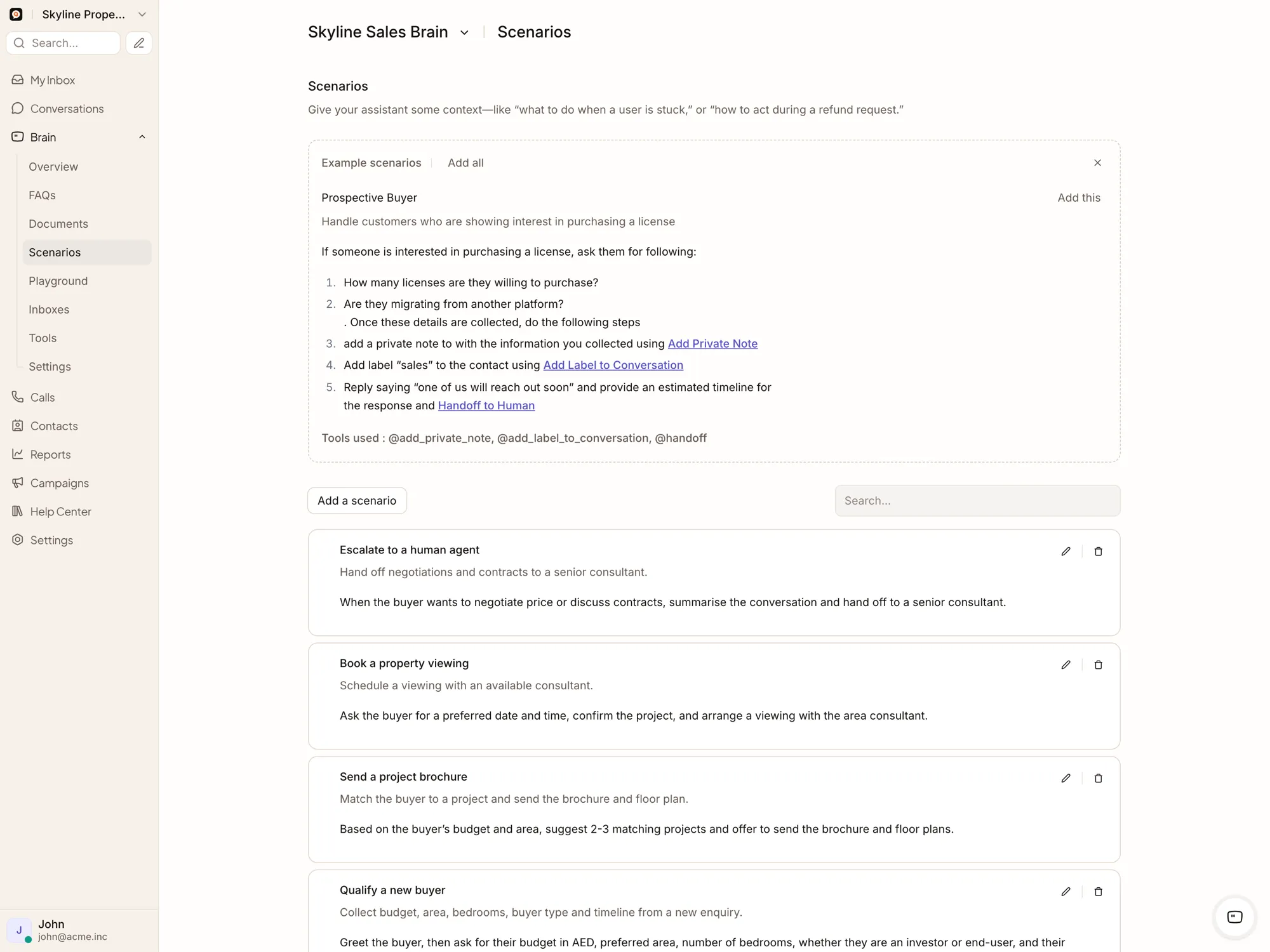 Brain conversation scenarios and routing