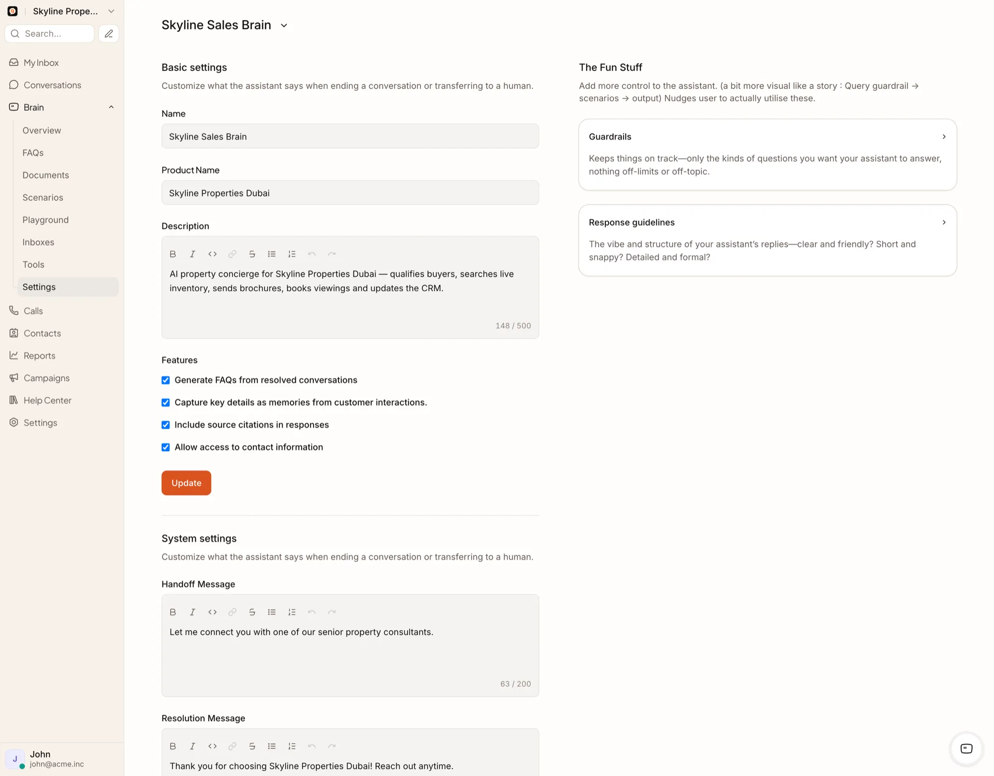 Brain assistant settings and controls