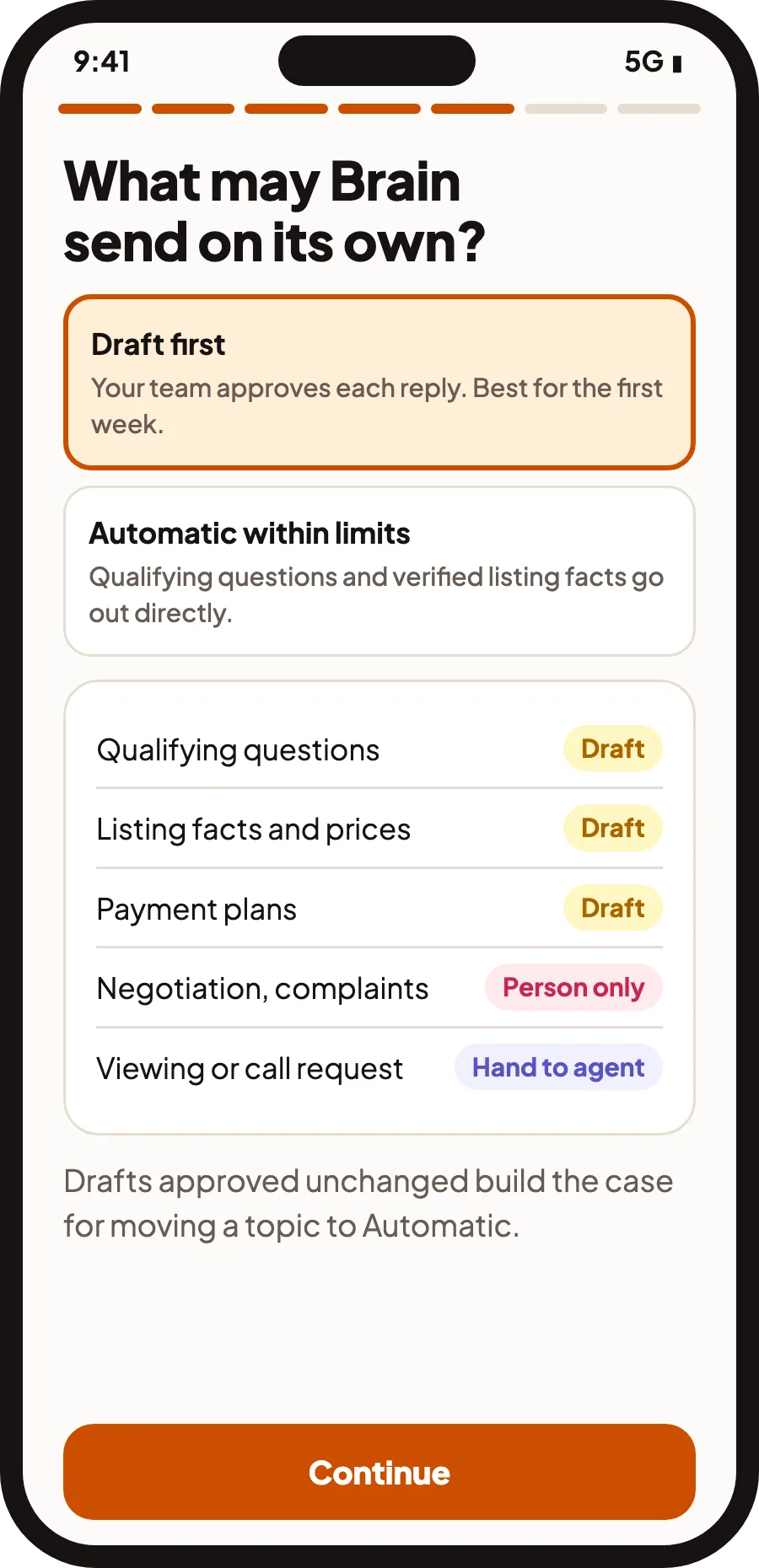 QualiBot mobile setting for what Brain may send on its own, with topics in draft, person-only and hand-to-agent lanes