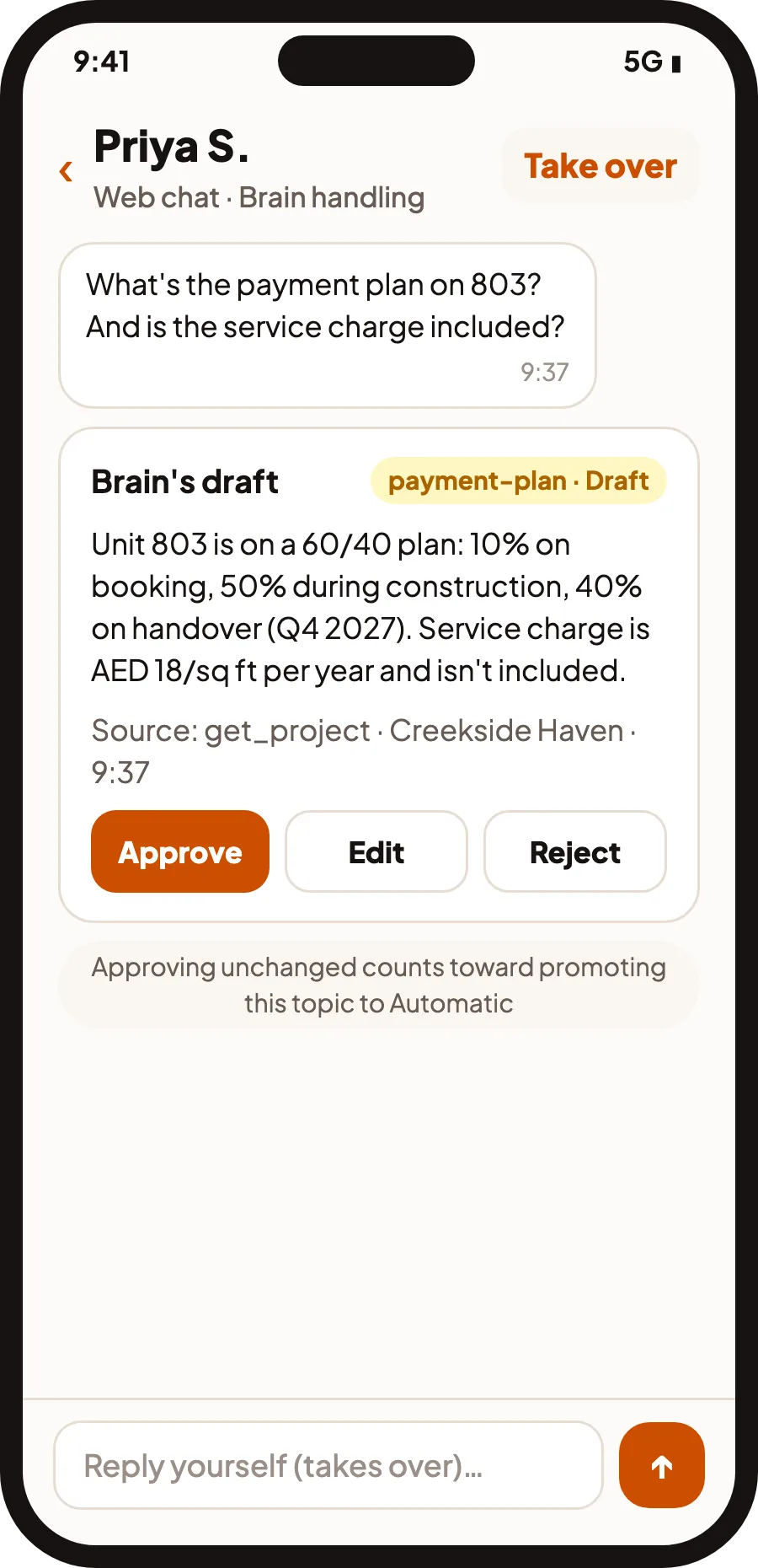 QualiBot mobile draft approval for a payment-plan answer, showing Brain's source