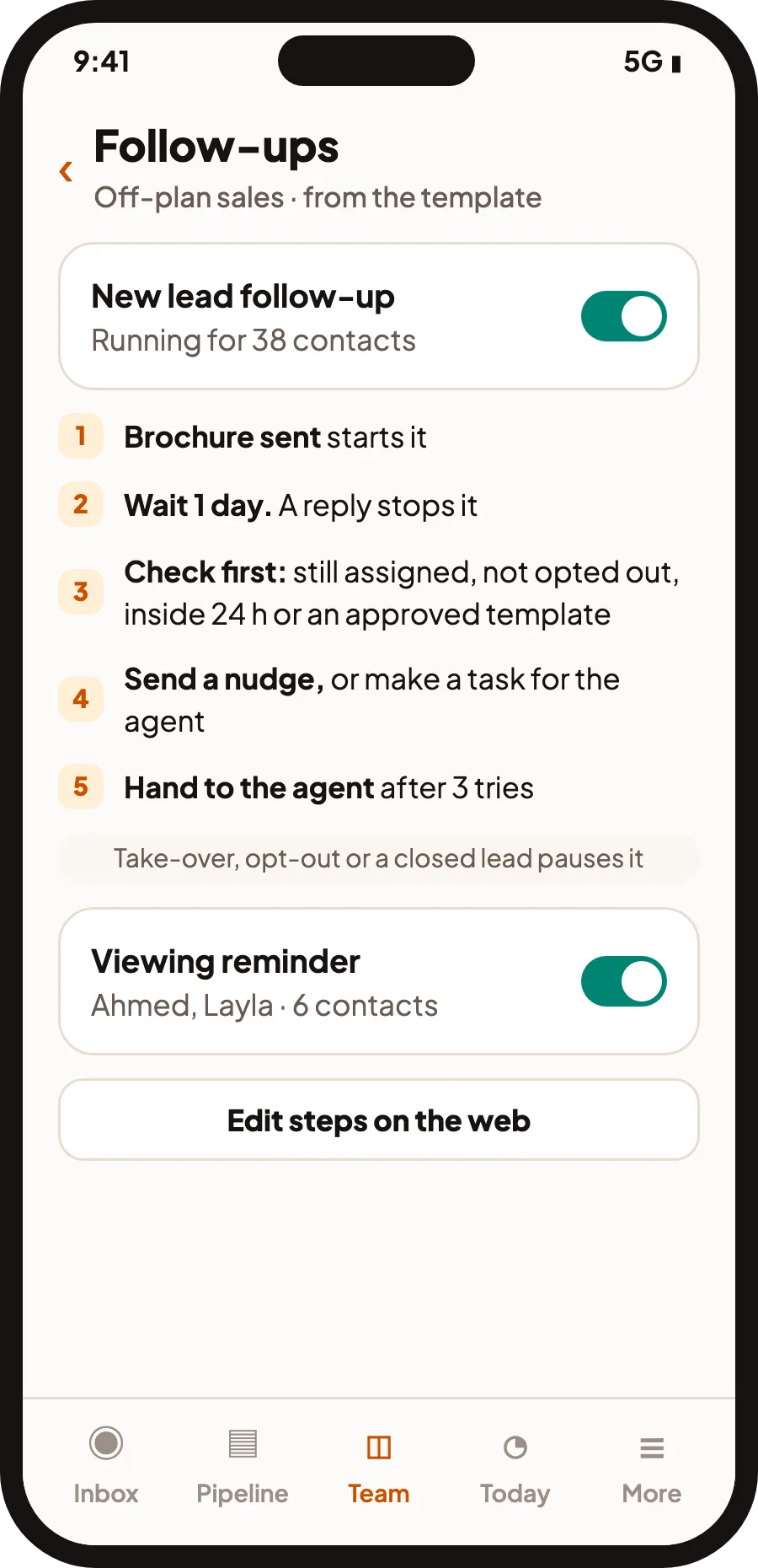 QualiBot mobile follow-up playbook listing each step and its eligibility check