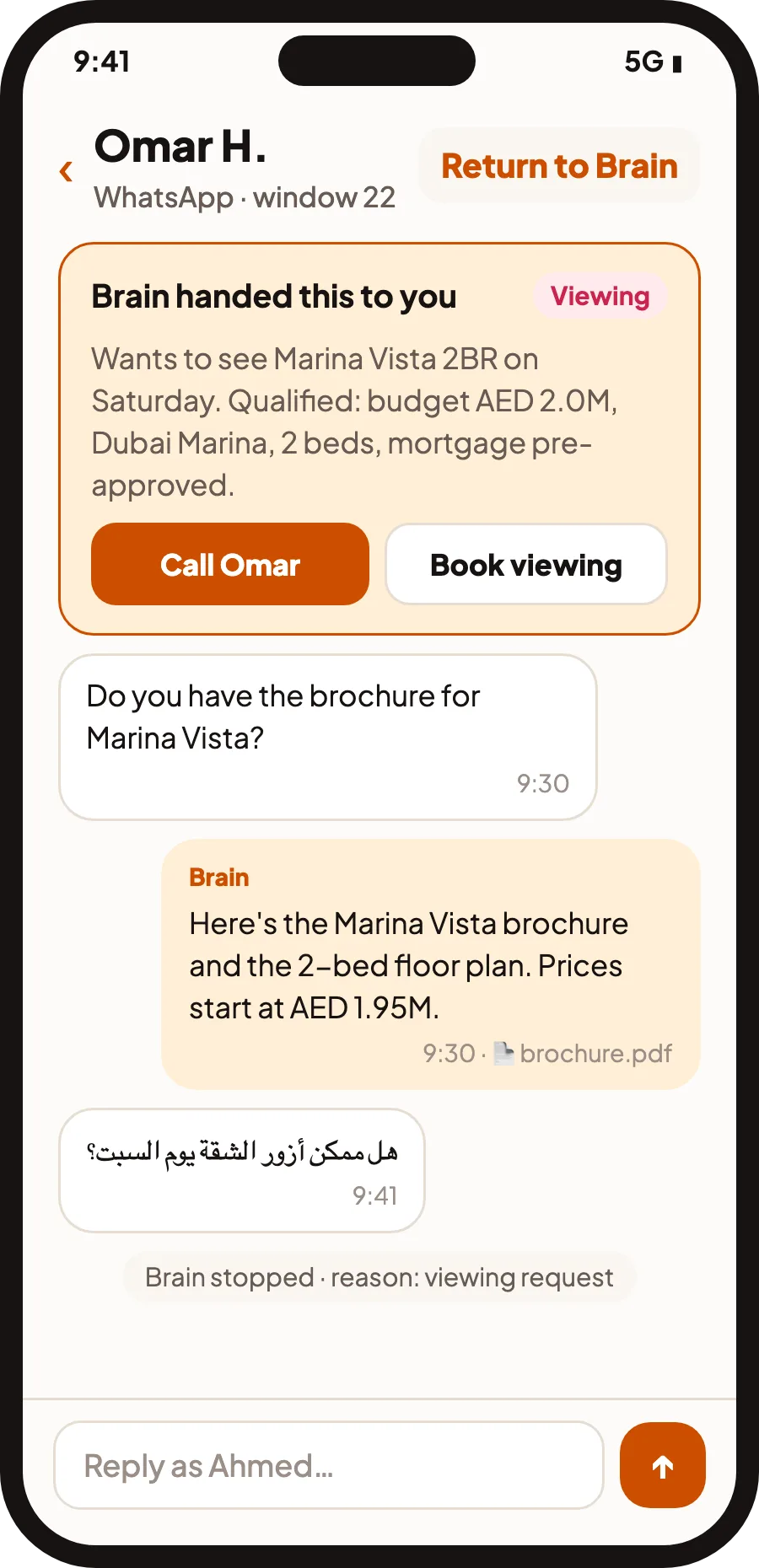 QualiBot mobile hand-off with a qualified buyer summary and buttons to call or book a viewing