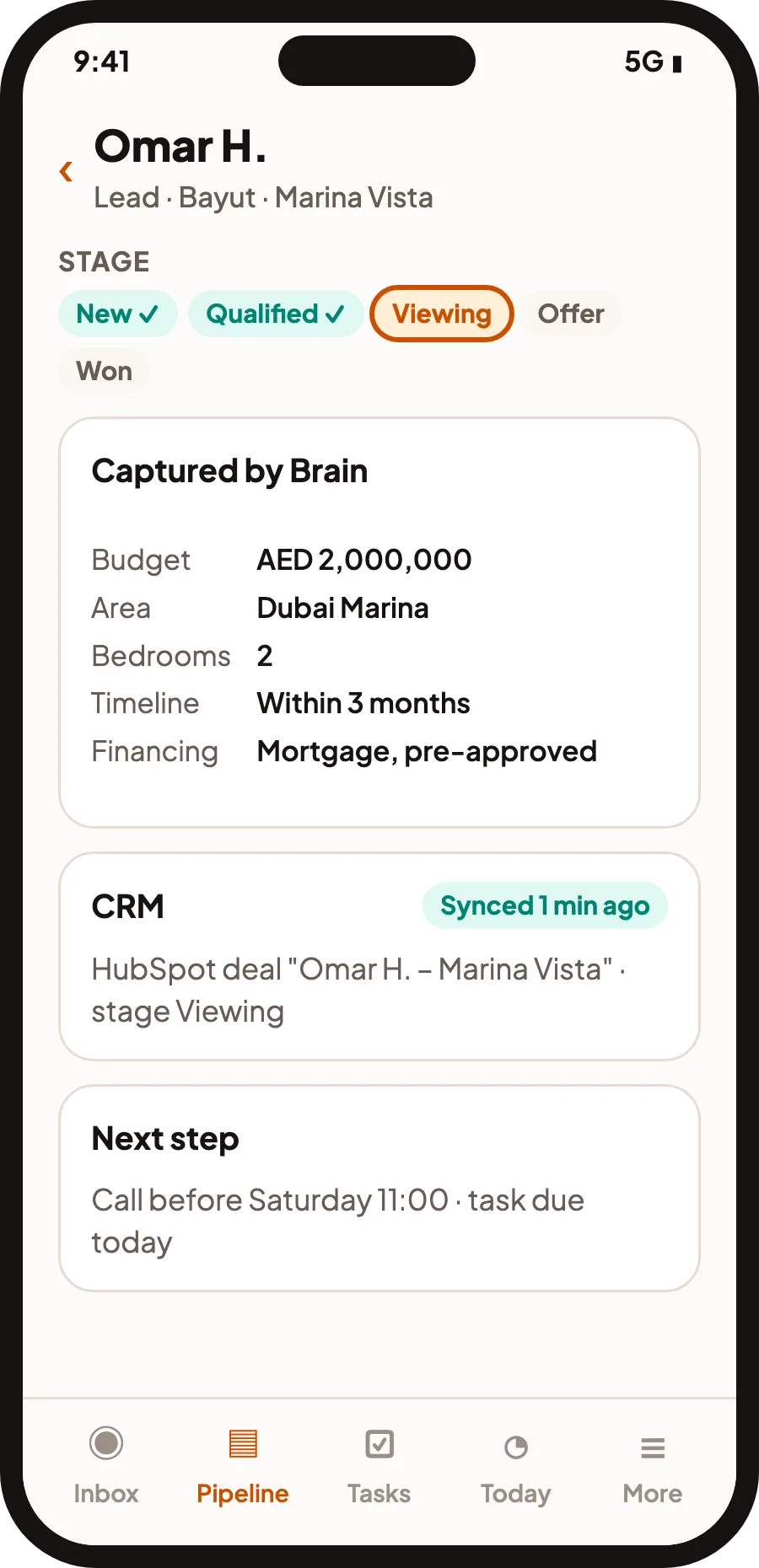 QualiBot mobile lead card with stage, details captured by Brain and CRM sync status