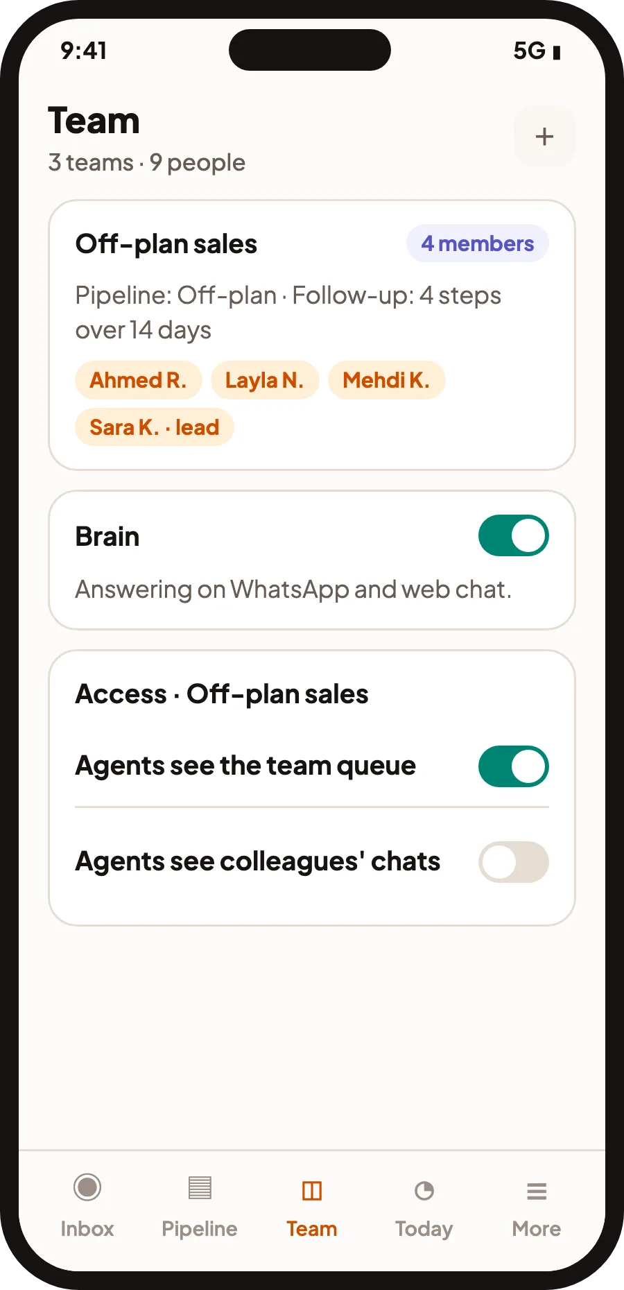 QualiBot mobile team settings with pipelines, members, Brain status and visibility switches