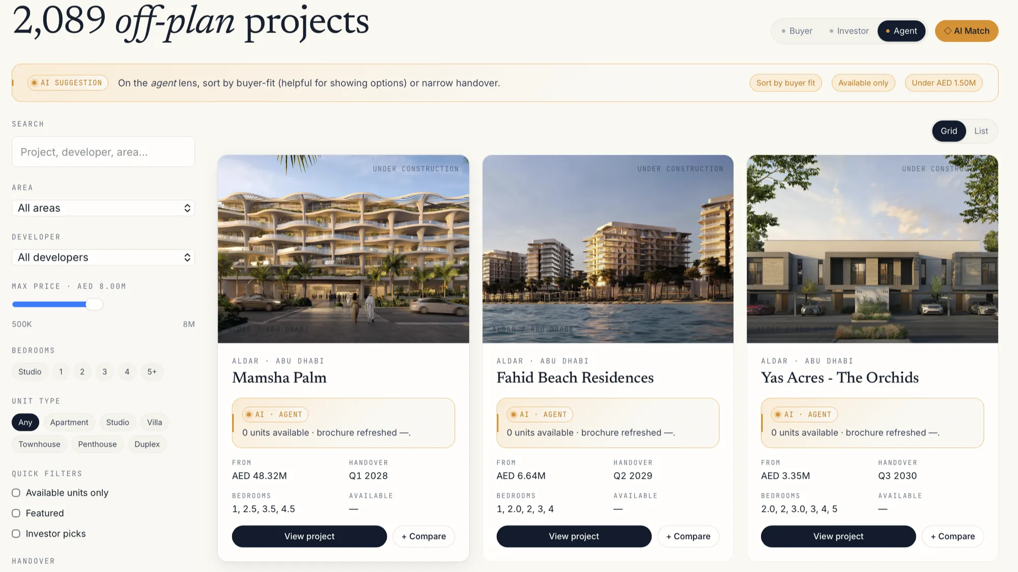 A maintained Dubai and Abu Dhabi off-plan project catalogue with area, developer and price filters