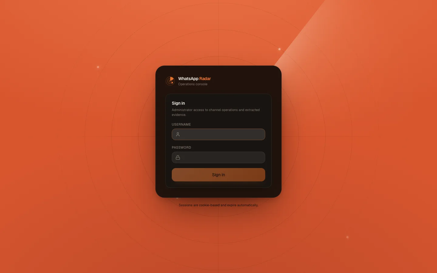 The WhatsApp Radar sign-in screen, a dark card over a sweeping radar scope on a burnt-orange field.