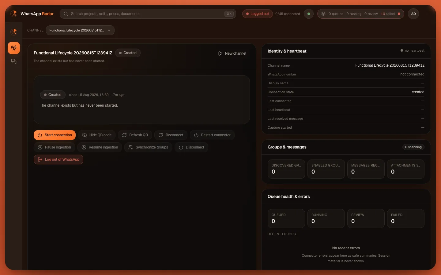 The Channels page, listing connected WhatsApp accounts and their connection state.