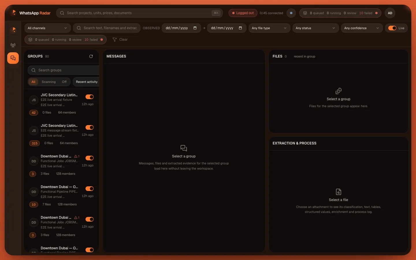 The Scanned Groups workspace: a list of monitored groups on the left, a message stream in the centre, and files with extraction detail on the right.