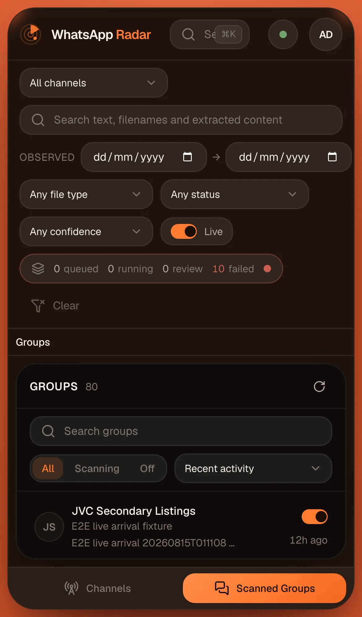 The console on a narrow mobile screen, with the workspace panes collapsed into a tabbed layout.